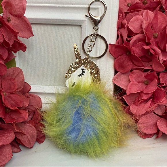 Fluffy Golden Unicorn Pom Pom Keychain Charm - Picture 1 of 12